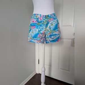 Lilly Pulitzer Blue Floral Print Bermuda Shorts with Pink & Green Accents
